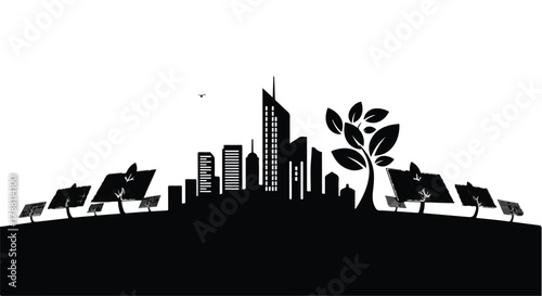 Modern city skyline integrated with renewable solar energy technology for a sustainable future.