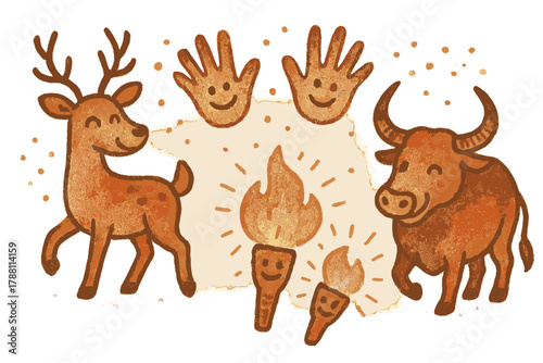 Playful Cave Art. Cute doodle Lascaux art illustration with cheerful deer and aurochs, cartoon hand stencils waving, smiling