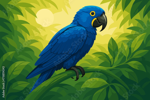 Tropical Blue Parrot. Bright blue parrot perched on a lush green branch, illuminated by soft sunlight, sharp details and bold