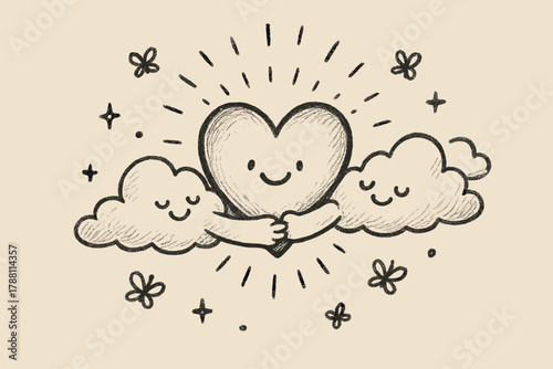 Glowing Heart with Butterflies. A doodle of a glowing eidolon heart floating in the air, with smiling clouds hugging it and tiny