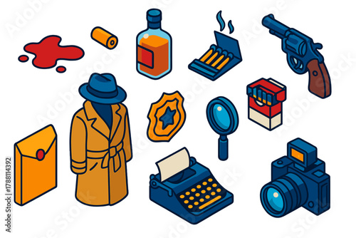 Noir Detective Icons. Isometric vector illustration set Noir Investigation: bloodstain on floor, spent bullet casing, half-empty