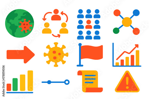 Epidemic Tracking Icons. Flat vector icons of epidemiology and disease tracking: outbreak map, infection spread, population nodes,