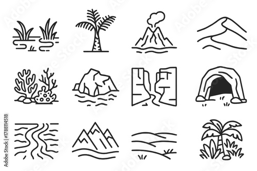 Ancient Environment Icons. Line style icons of ancient environments: swamp, fern tree, volcanic rock, desert dune; coral reef,