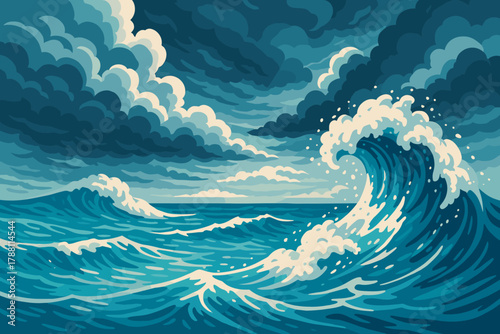 Dramatic Ocean Waves. Serene ocean waves crashing under a dramatic cloudy sky, vibrant blues and whites capturing the power of