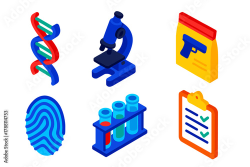 Crime Lab Elements. Isometric vector illustration set Crime Lab: double helix DNA, microscope tool, evidence bag, fingerprint