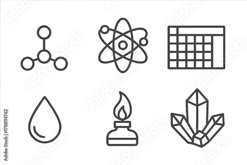 Chemistry Lab Icons. Line style icons of chemistry lab: molecule, atomic structure, periodic table, burner flame, droplet, crystal
