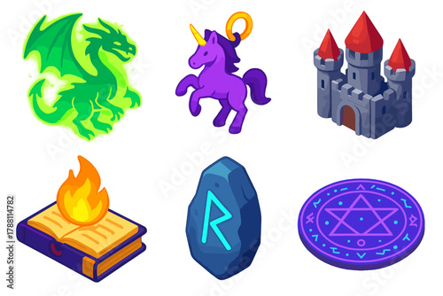 Arcane Fantasy Icons. Isometric vector illustration set Arcane Fantasy: glowing dragon, unicorn charm, castle keep, spellbook with