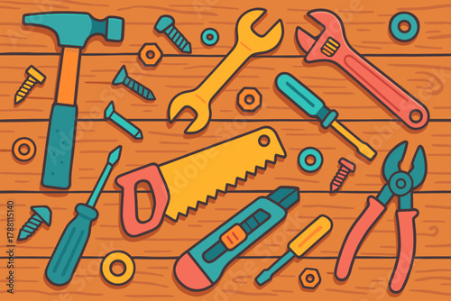 Colorful Tools Flat Lay. Creative flat lay of colorful tools and hardware on a rustic wooden table, vibrant and vector