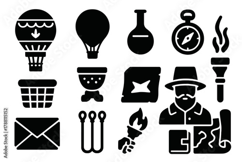 Historical Balloon Icons. Solid style icons of historical balloons: Montgolfier balloon, gas balloon, hydrogen flask, wicker