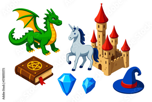 Magical Realm Icons. Isometric vector illustration set Magical Realm: green dragon, silver unicorn, tall castle, ancient spellbook