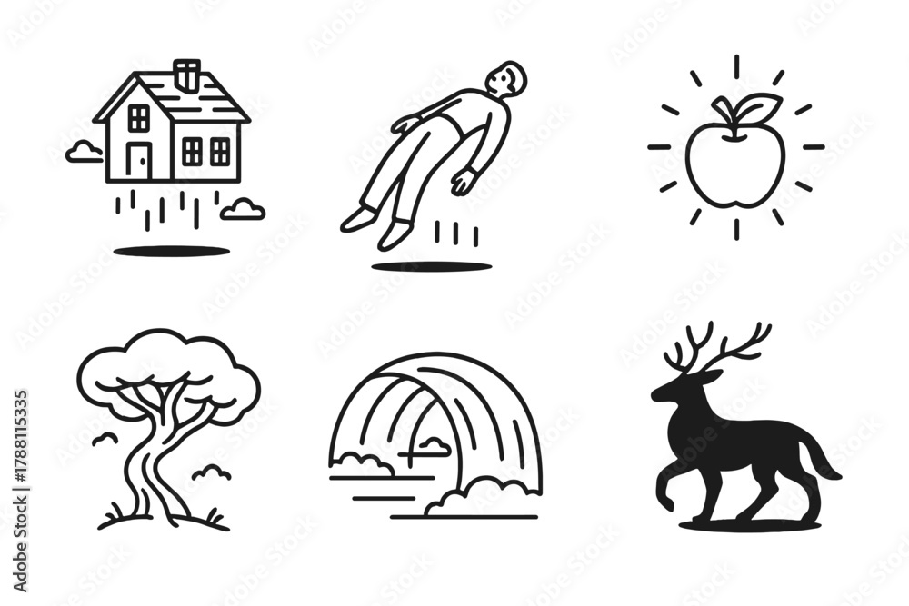 Fototapeta premium Magic Realism Icons. Line style icons of Magic Realism: floating house, levitating figure, glowing fruit, surreal tree, bending