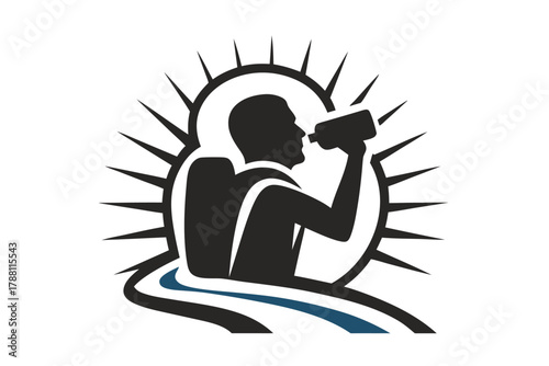 Silhouette of a man drinking water from a bottle is showcased on a blue line