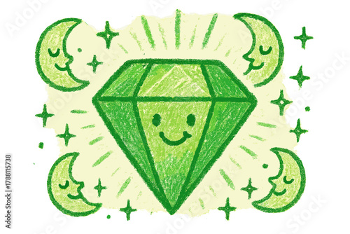 Smiling Emerald Doodle. A doodle of a smiling emerald gem glowing smaragdine green, surrounded by twinkling stars, cheerful moons,