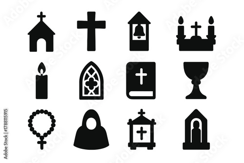 Medieval Religious Icons. Solid style icons of medieval religion: chapel, cross, bell tower, altar, candle, stained glass, holy