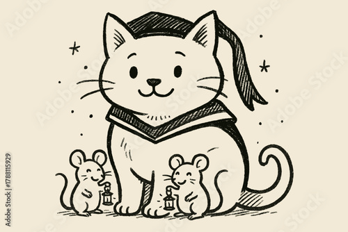 Academic Cat and Mice. A doodle of a friendly cat wearing an academic hood with a liripipe, the tail wrapping around smiling mice