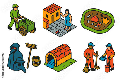 Waste Management Evolution. Isometric vector illustration set History of waste management: municipal waste carts, ancient city