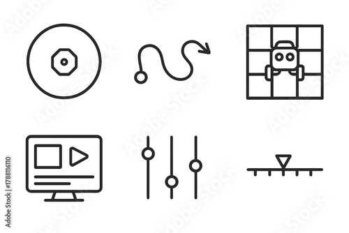 Swarm Simulation Icons. Line style icons of Swarm System Simulation: virtual arena, movement path simulation, test scenario screen