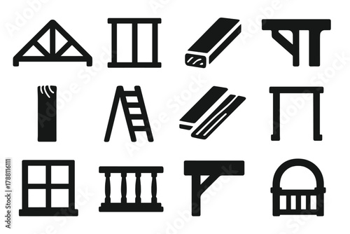 Woodwork Icons Collection. Solid style icons of construction woodwork: roof truss, wall frame, scaffold plank, joist, stud, wooden