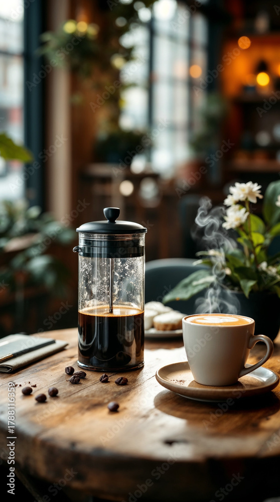 Fototapeta premium Fresh Coffee and French Press in Cozy Café