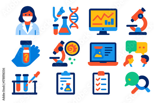 Modern Research Workflow Icons. Flat vector icons of parasite research workflow: lab technician, DNA extraction, sequencing, data