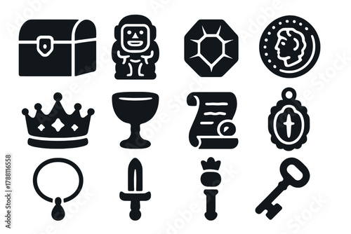 Hidden Treasures Icons. Solid style icons of hidden treasures: treasure chest, golden idol, gemstone, ancient coin, crown, goblet,