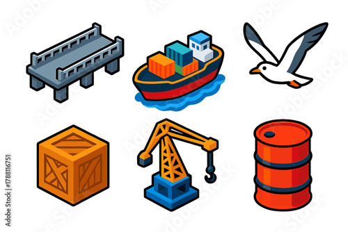 Industrial Harbor Icons. Isometric vector illustration set Industrial Harbor: steel dock, cargo boat, wooden crate, seagull in