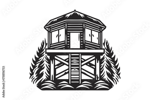 Silhouette shows a forest lookout tower with trees in a vintage woodcut style