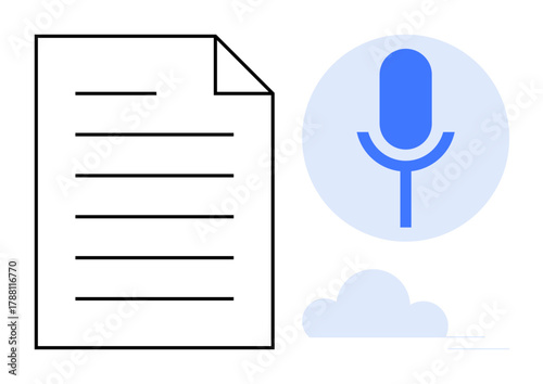 Document with lines representing text alongside a blue microphone icon symbolizing speech-to-text conversion. Ideal for transcription, remote work, podcasting, accessibility, automation, AI tools