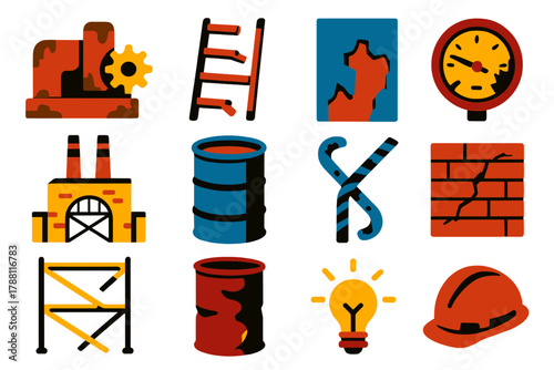 Industrial Ruins Icons. Flat vector icons of Industrial Ruins: rusted machine, broken ladder, peeling wall, smashed gauge, factory