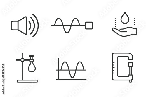 Physics Icons Compilation. Line style icons of Physics Demonstration: Sound Wave, Standing Wave, Levitated Particle, Zero Gravity