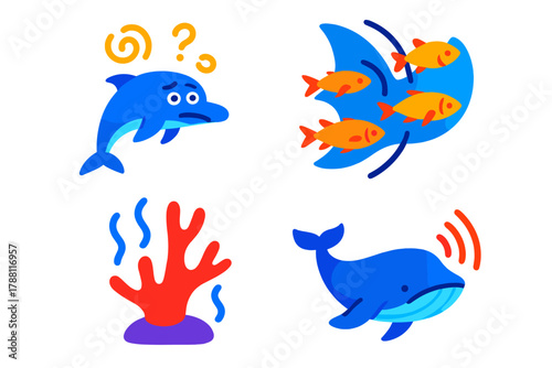 Marine Life Chaos. Isometric vector illustration set Marine Life Disturbance: Disoriented dolphin, fleeing fish school, stressed