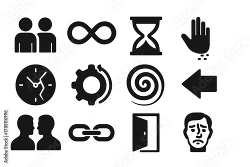 Paradox Icon Collection. Solid style icons of paradox concepts: duplicate figure, infinite loop, mirrored hourglass, vanishing