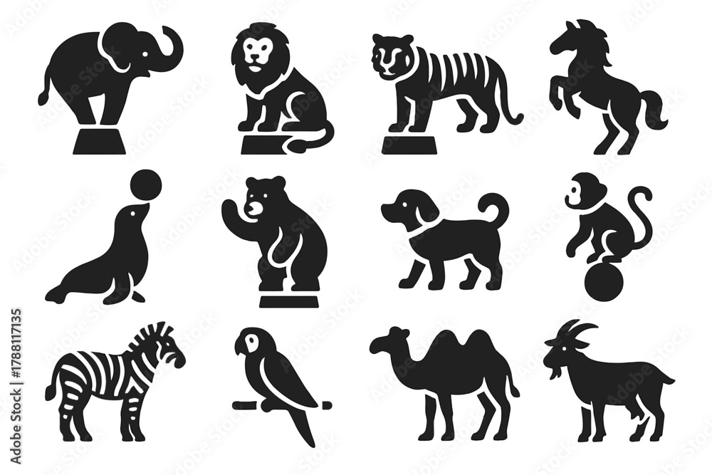 Fototapeta premium Circus Animal Icons. Solid style icons of circus animals: elephant, lion, tiger, horse, seal, bear, dog, monkey, zebra, parrot,