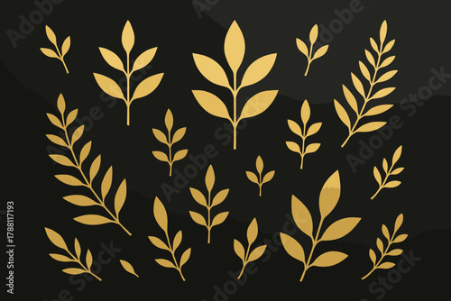 Gold Leaf Elegance. Minimalist flat lay of gold leaf patterns arranged on a textured black background, luxurious and elegant,