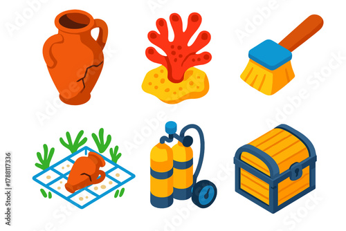 Underwater Archaeology Icons. Isometric vector illustration set Underwater Archaeology: amphora artifact, coral fossil, diving