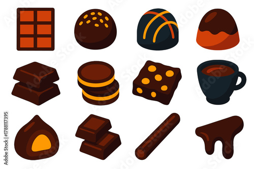 Chocolate Icon Set. Flat vector icons of Chocolate Products: chocolate bar, truffle, bonbon, praline, chocolate pieces, chocolate