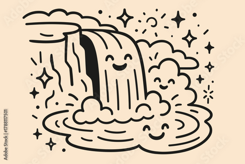 Joyful Waterfall Doodle. Joyful doodle vector artwork of a full waterfall scene with river, cliff, mist, and pool all smiling