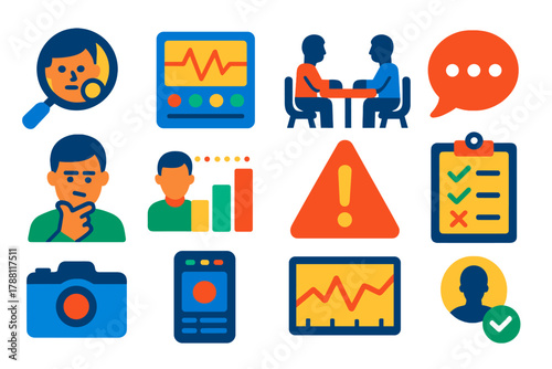 Deception Detection Icons. Flat vector icons of applications in deception detection: magnifying glass over face, lie detector icon
