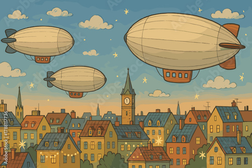 Zeppelins Over City. Friendly panorama of floating zeppelins above a city, little doodle lights sparkling on rooftops