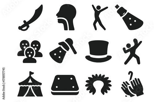 Circus Sword Performance. Solid style icons of Thrilling Act: Curved Sword, Throat, Performance, Audience Gasp, Spotlight, Top Hat
