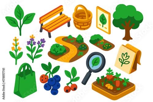 Urban Foraging Icons. Isometric vector illustration set Urban Foraging: edible wild plant, city park bench, woven basket, plant