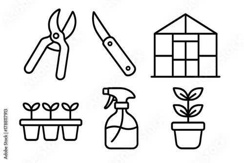 Horticulture Essentials Icons. Line style icons of horticulture essentials: pruner, grafting knife, greenhouse, seedling tray,