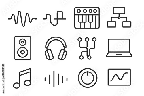 Generative Sound Icons. Line style icons of Generative Sound: Waveform, Oscillator, Synth Pad, Algorithm; Speaker, Headphones,