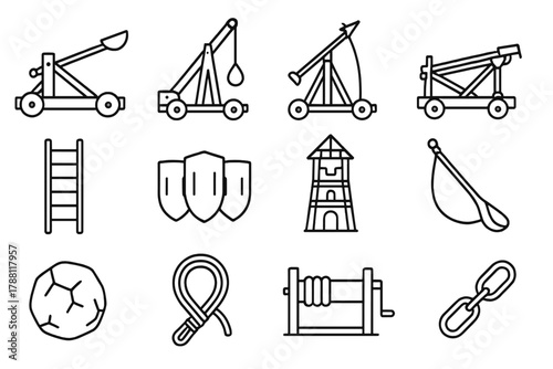 Siege Weapon Icons. Line style icons of Siege Weapons: Catapult, Trebuchet, Ballista, Ram; Ladder, Shield Wall, Tower, Sling;