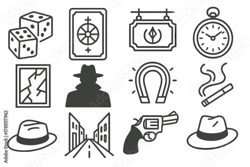 Noir Icons Collection. Line style icons of noir fate: loaded dice, tarot card, ominous sign, destiny; pocket watch, broken mirror,