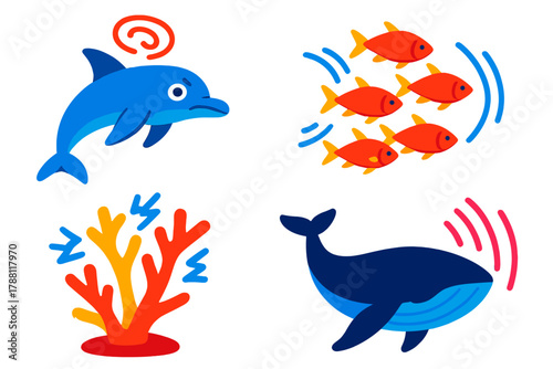 Marine Life Chaos. Isometric vector illustration set Marine Life Disturbance: Disoriented dolphin, fleeing fish school, stressed