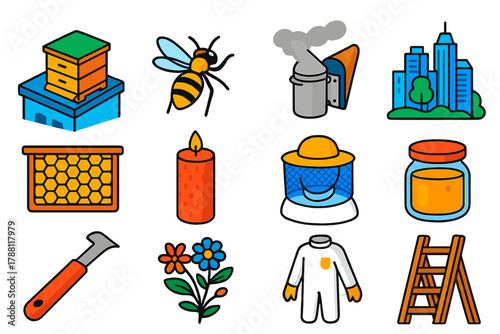 Urban Beekeeping Essentials. Isometric vector illustration set Urban Beekeeping: rooftop hive, single bee, smoker canister,