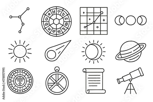 Cultural Astronomy Icons. Line style icons of Cultural Astronomy: Constellation, Zodiac Wheel, Star Chart, Moon Phases; Sun Symbol