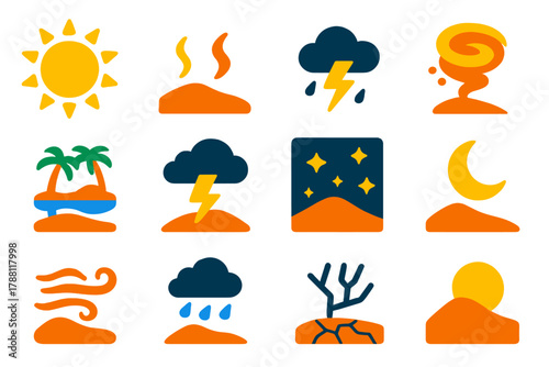 Desert Weather Icons. Flat vector icons of desert weather: blazing sun, heat haze, dust storm, sandstorm swirl, mirage reflection,