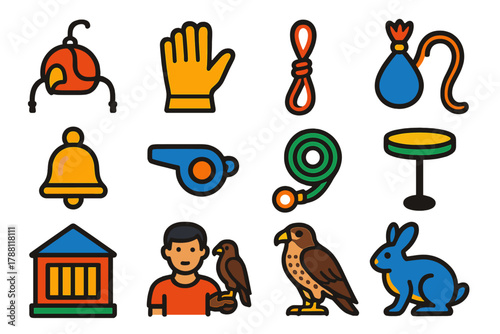 Falconry Accessories Icons. Flat vector icons of Falconry Accessories: hood, glove, jess, lure, bell, whistle, tether, perch, mews